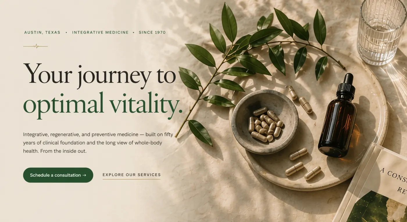 Herbs, supplement bottle, and capsules on warm cream linen, editorial still life